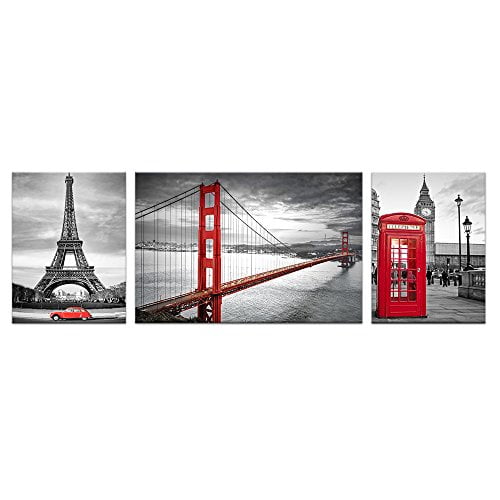 01 4 Panels Visual Art Decor Black and White Living Room Decoration San Francisco Golden Gate Bridge Landscape Picture Printed on Canvas Framed Wall Decor Art Ready to Hang 